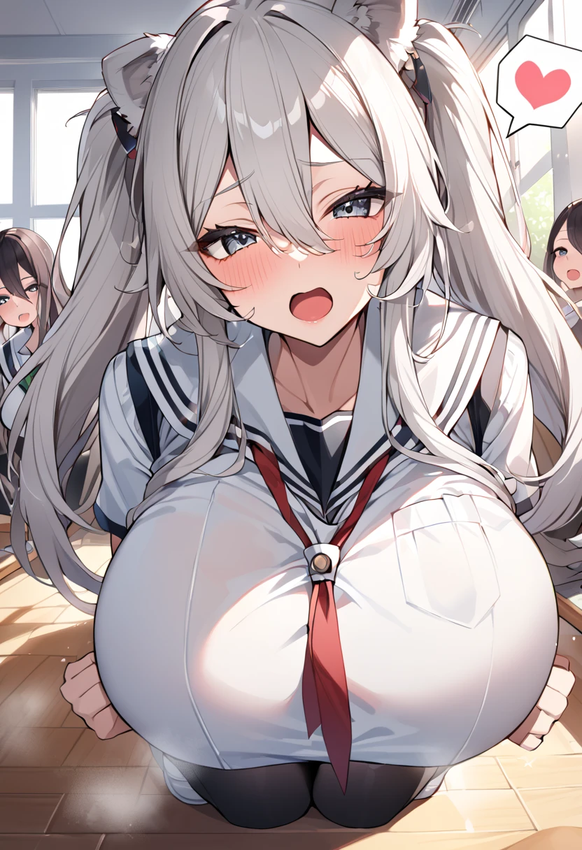 (highest quality, 8K, masterpiece:1.3, 1 girl, beautiful girl), cute, dynamism, detailed face, fine skin, fine eyes, lip details, fine fingers, detailed mouth, realistic, Raw photo, Natural light, dynamic pose, perfect anatomy, toned legs, round eyes, double eyelid, we say, moist lips, wet clothes, spread your legs, sweaty, (Pee herself, Pee), drooling, half closed eyes, ((A bunch of guys are grabbing her breasts, multiple hands)), a man grabs her thighs, Man is touching her crotch, crowd, Excited Men, gang rape, throw, , white shirt with buttons, pleated skirt, (Ahegao:1.5), camel toe, vapor:1.5, ecstatic face, stick out tongue, gray hair, skirt lift, In a messy classroom, long hair, when it enters the sheath, Raise the hand, Thighhighs, Erotic panties, amount, unbuttoned shirt、(Super big breasts:1.9)、tits、巨大なtits:1.7