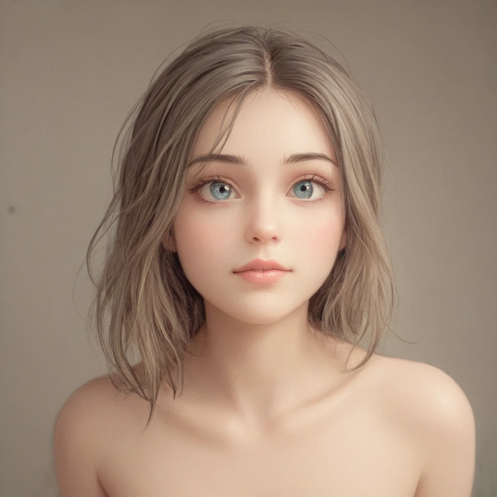 fille qui a un visage fin des cheveux bruns un balayage et qui est devant son mirroir avec des petits seins