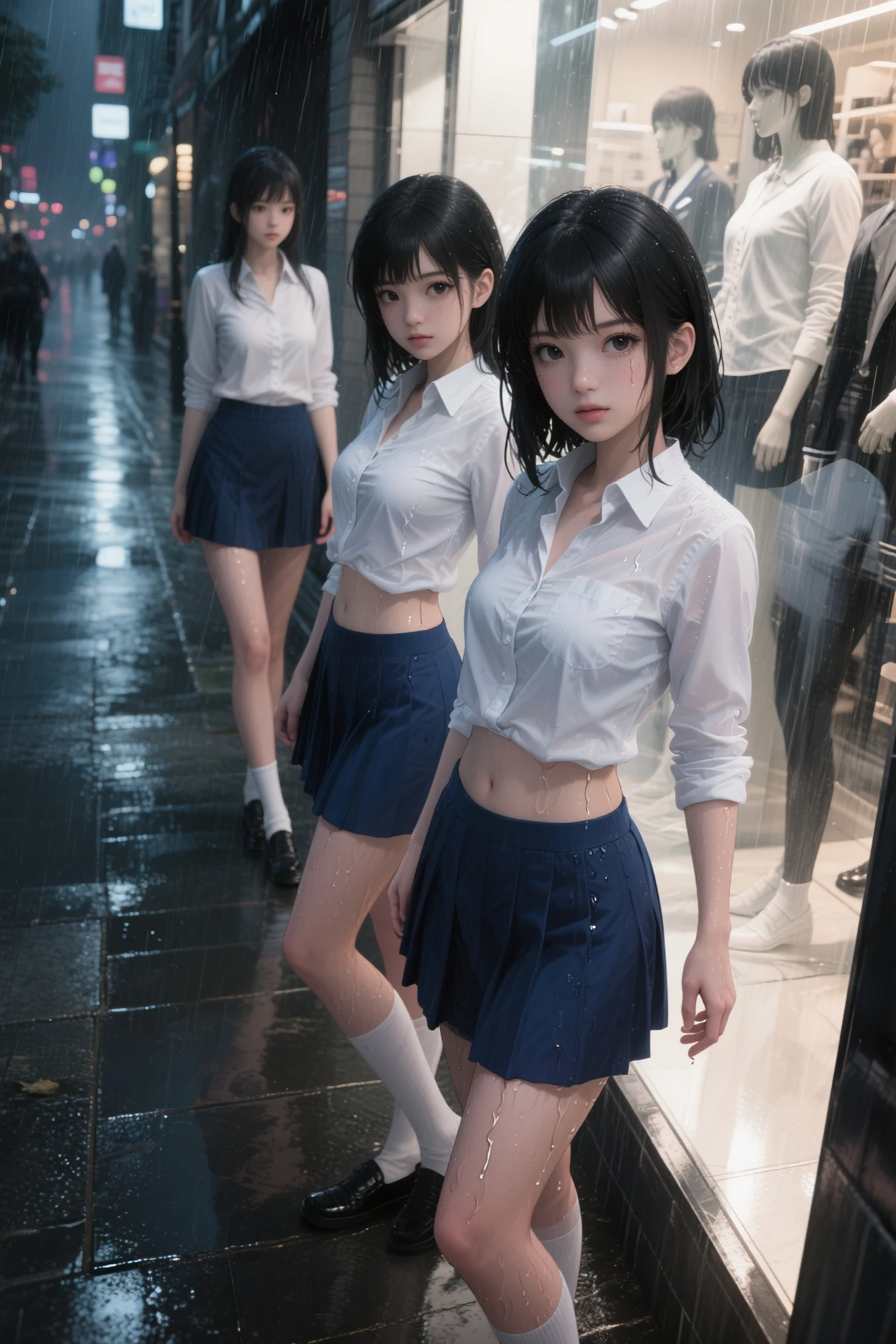 absurdres, RAW photo, extremely delicate and beautiful, masterpiece, Best Quality, ultra high resolution, 16k, hyperrealistic, realistic, photorealistic, photo-realistic, ultra-detailed, perfect anatomy, super Detailed skin, perfect figure, Very detailed CG 8k wallpaper, in her 20s, very Slim body, narrow waist, very small head, very small face, delicate facial features, tearful mole, earring, thin legs, (very huge round breasts), (full body shot:1.2), short hair, wavy hair, light brown hair, (wet clothes:1.2), (3 girls:1.3), (showerroom), (school uniform:1.2), (blazer), (shirt),
