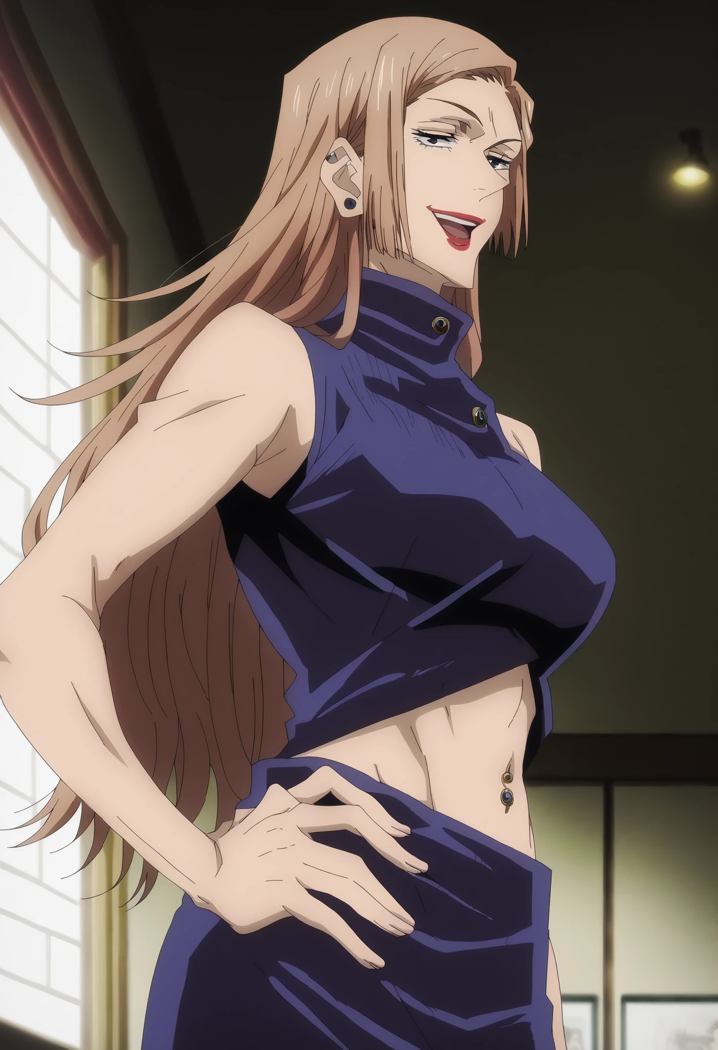 score_9_up, score_8_up, score_7_up, source_anime, masterpiece, best quality, 1girl, solo, Manami, Suda_Def, ceiling light, desk, documents, standing, hand on hip, looking at you, seductive smile, side view, from side, lips, brown hair, long hair, pink hair, blue eyes, bodycon dress, purple dress, bare shoulders, turtleneck, sleeveless dress, mature body, dynamic cowboy shot, indoors, office background, ear piercing, long hair, lipstick,Hot girl, baddie, smoking, bad attitude, mean girl, sensual, attractive, ,cross necklace, masterpiece, best quality, highly detailed, a girls in long dress with navel cutout posing for a picture, evil
smile, smile, open mouth, (nsfw) not safe for work, revealing dress, beautiful dress center opening ,
long dress with bellybutton showing, official artwork, exposed navel, exposed bellybutton, jewelry,
earrings, complex detailed background, casino environment, fancy
interior environment, rich interior, holding a gun, holding pistol, navel piercing
navel cutout, exposed navel, exposed bellybutton, shoulder holster, navel piercing, medium large breast ,looking at viewer , dragon tattoo on waist, narrowed eyes, tattoo on waist, anipai_style , anime screencap , anime coloring, Jujutsu Kaisen Style