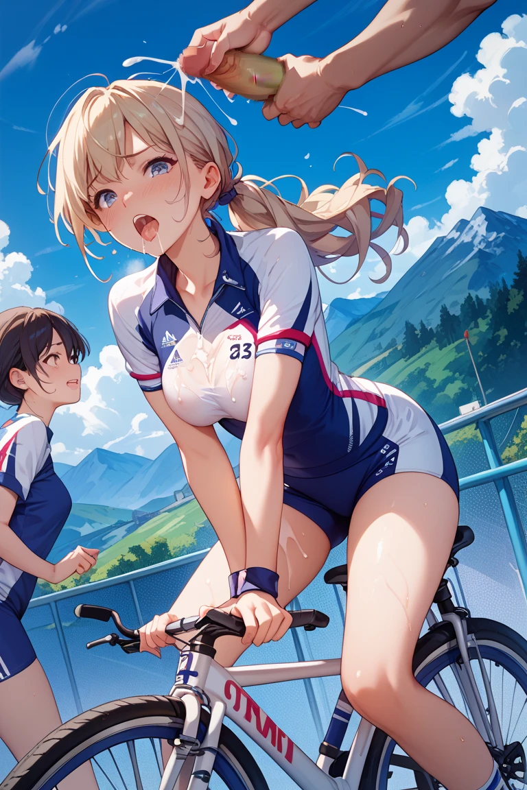 (masterpiece),(Highest quality),(Emotional)、Biking adventures。Going out on a bike ride with friends。Two girls drinking juice。Girl with light brown hair。The expression is a smile。