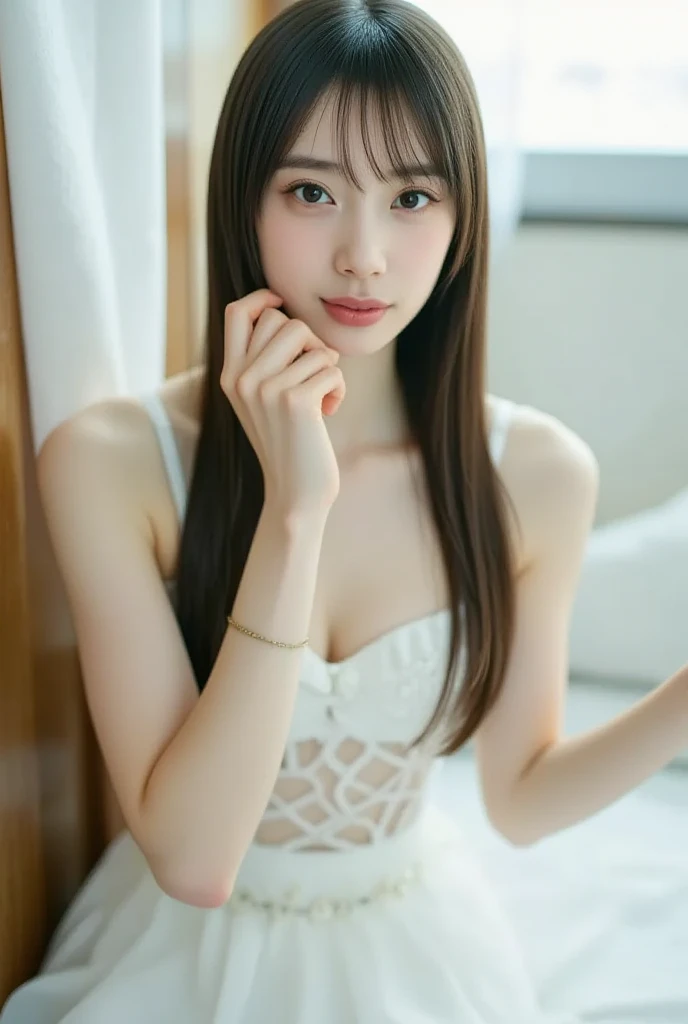 (A hyper-realistic)、(illustratio)、(hight resolution)、(8K)、(ighly detailed)、(Best Illustration)、(beautifully detailed eyes)、(top-quality)、(ultra-detailliert)、(​masterpiece)、(wall-paper）、（A detailed face）、solo、1 girl in、looking at viewert、fine detailed、A detailed face、in the darkness nigth、deep-shadows、lowkey、pureerosfaceace_v1、A smile、long、Black shawl straight hair、46-point diagonal bangs、White See-Through Halter Neck Bondage 、Wet hair、Wet skin、Navel Ejection、Back、Skin shearing machine、Hair spreads、See-through stole on shoulder、Semi-long hair.all-fours、Open your mouth、put out the tongue、sit a chair、Cross your legs