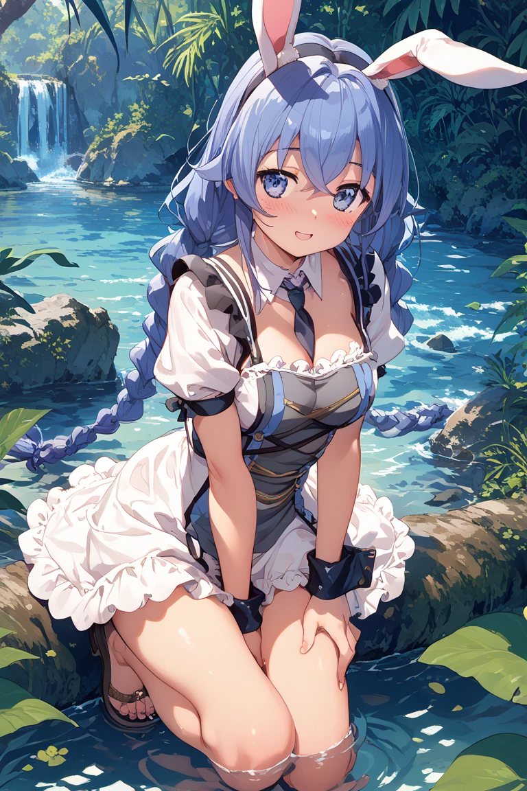 masterpiece, best quality, extremely detailed 8K wallpaper, 1girl, outdoors, Helena(Azur lane),strapless dress, dress, layered dress,white flower, hair ornament, purple eyes, (choker), outline, (black gloves), bare legs,