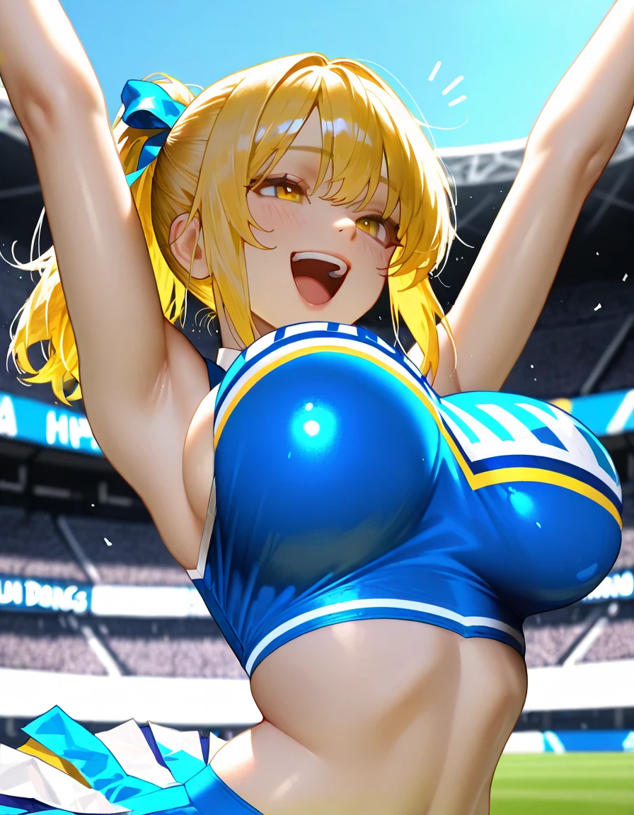 One woman,whole body,Big Breasts,Blonde,ponytail,Cheerleader,Belly button,sunny,Sweat
