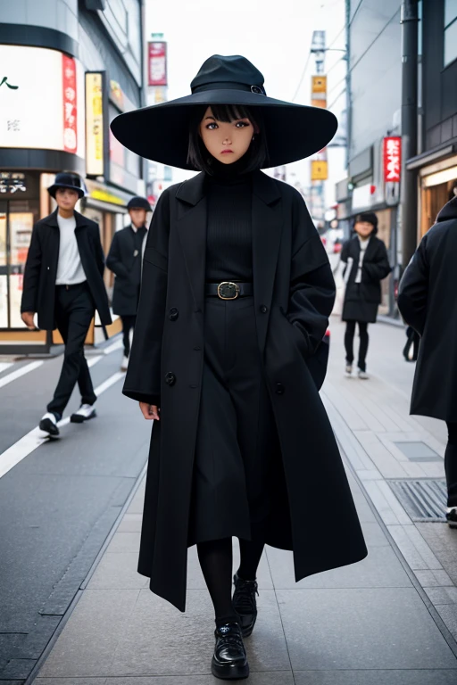 walking down the street in black and a hat, black oversized clothes, japanese city street fashion, tokyo fashion, in ancient streetwear, black greatcoat, japanese street fashion, Chie Yoshii style, japanese streetwear, wearing black greatcoat, Black turtleneck, She is seen wearing streetwear pieces, black cloak from neck to ankles