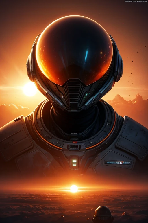 Alien Explorers, Poor Planet, Distant stars, Luminous sun visor, science fiction suit, floating dust, orange skies, high detail texture {x} Digital Scrub Painting, cold light, Lonely Theme, high detail texture, Cinematic Feeling, 8 thousand, masterpiece