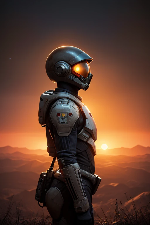 Alien Explorers, Poor Planet, Distant stars, Luminous sun visor, science fiction suit, floating dust, orange skies, high detail texture {x} Digital Scrub Painting, cold light, Lonely Theme, high detail texture, Cinematic Feeling, 8 thousand, masterpiece