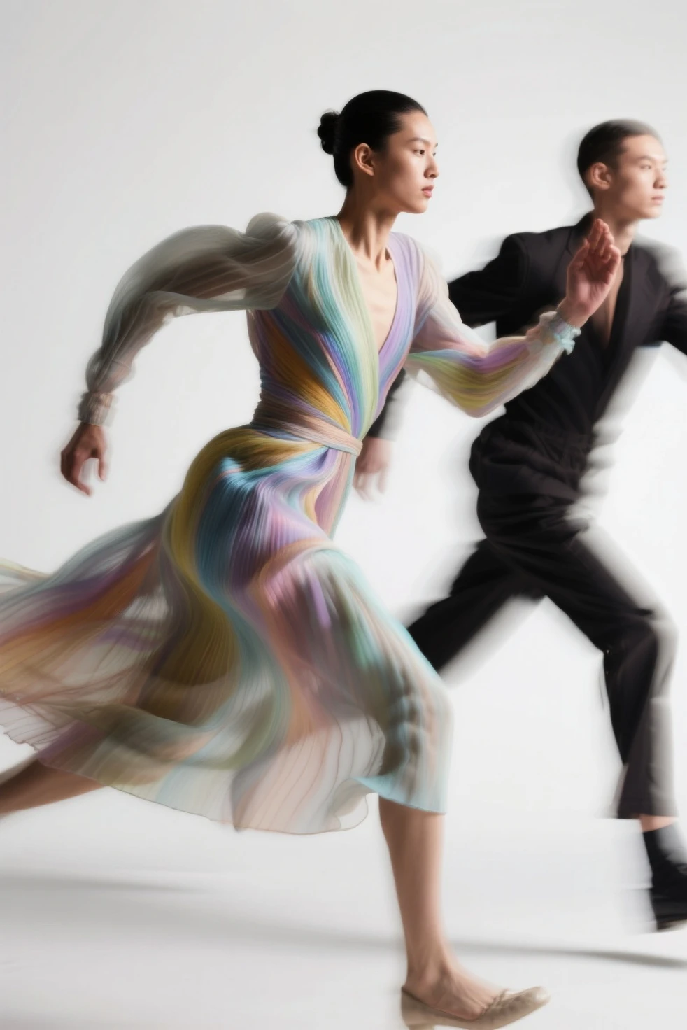 Haute Couture Portraits,People in Motion,Blurred Lines Moving Clothes,Colored Light and Shadow Create Expressive Shadows,Emotional Poetic,Contemporary Photographic Portraits
