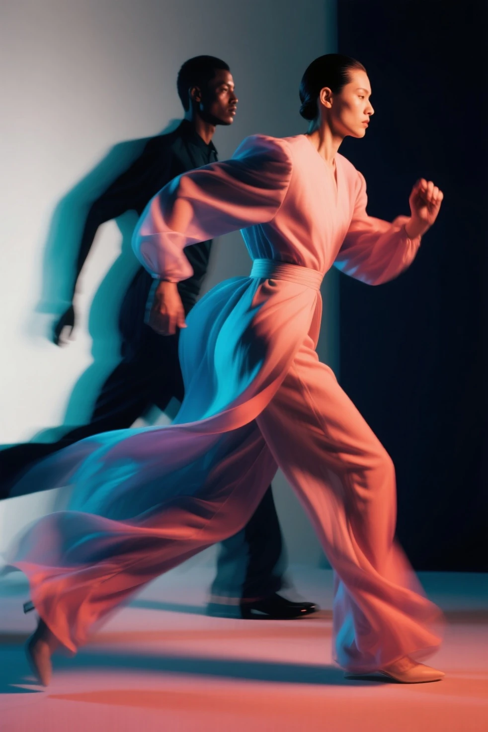 Haute Couture Portraits,People in Motion,Blurred Lines Moving Clothes,Colored Light and Shadow Create Expressive Shadows,Emotional Poetic,Contemporary Photographic Portraits