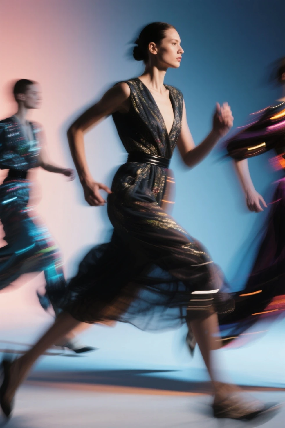 Haute Couture Portraits,People in Motion,Blurred Lines Moving Clothes,Colored Light and Shadow Create Expressive Shadows,Emotional Poetic,Contemporary Photographic Portraits