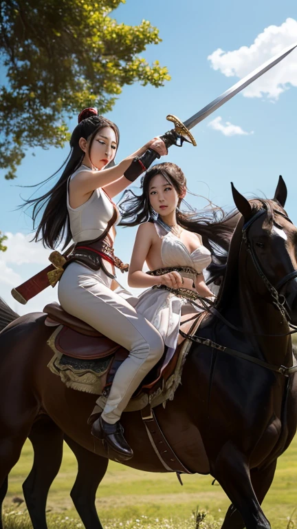 Xu Chu and Diao Chan fight in the wilderness,Xu Chu holds a large Guandao,Naked upper body, and rides on a black horse, Diao Chan holds a pair of male and female swords,White clothes fluttering,Riding on a white horse