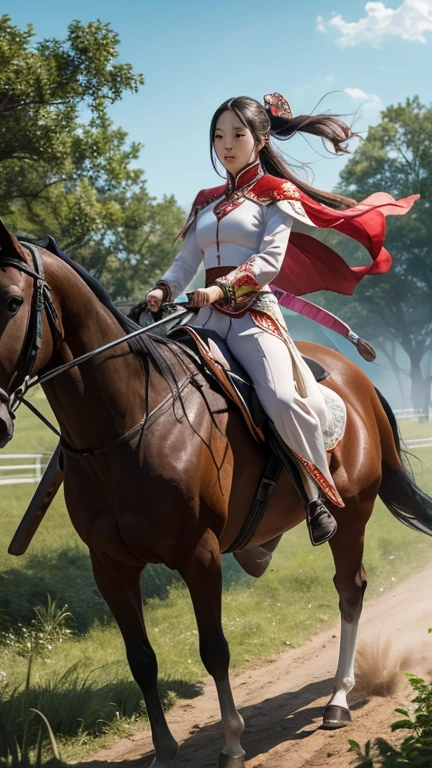 Xu Chu and Diao Chan fight in the wilderness,Xu Chu holds a large Guandao,Naked upper body, and rides on a black horse, Diao Chan holds a pair of male and female swords,White clothes fluttering,Riding on a white horse