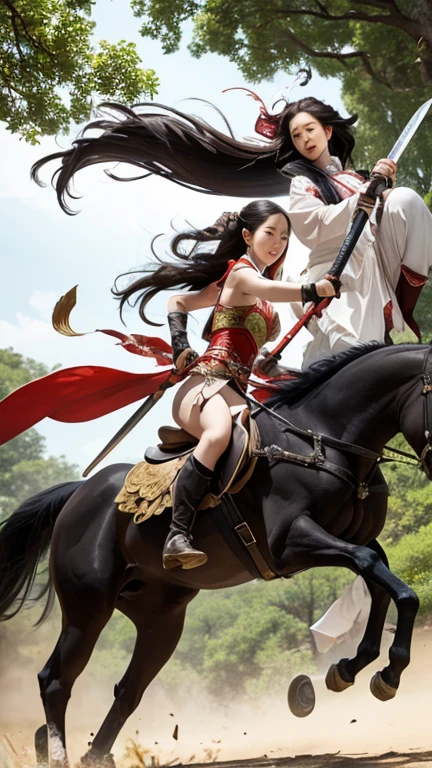 Xu Chu and Diao Chan fight in the wilderness,Xu Chu holds a large Guandao,Naked upper body, and rides on a black horse, Diao Chan holds a pair of male and female swords,White clothes fluttering,Riding on a white horse