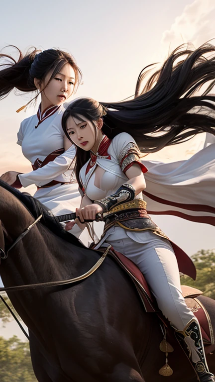 Xu Chu and Diao Chan fight in the wilderness,Xu Chu holds a large Guandao,Naked upper body, and rides on a black horse, Diao Chan holds a pair of male and female swords,White clothes fluttering,Riding on a white horse