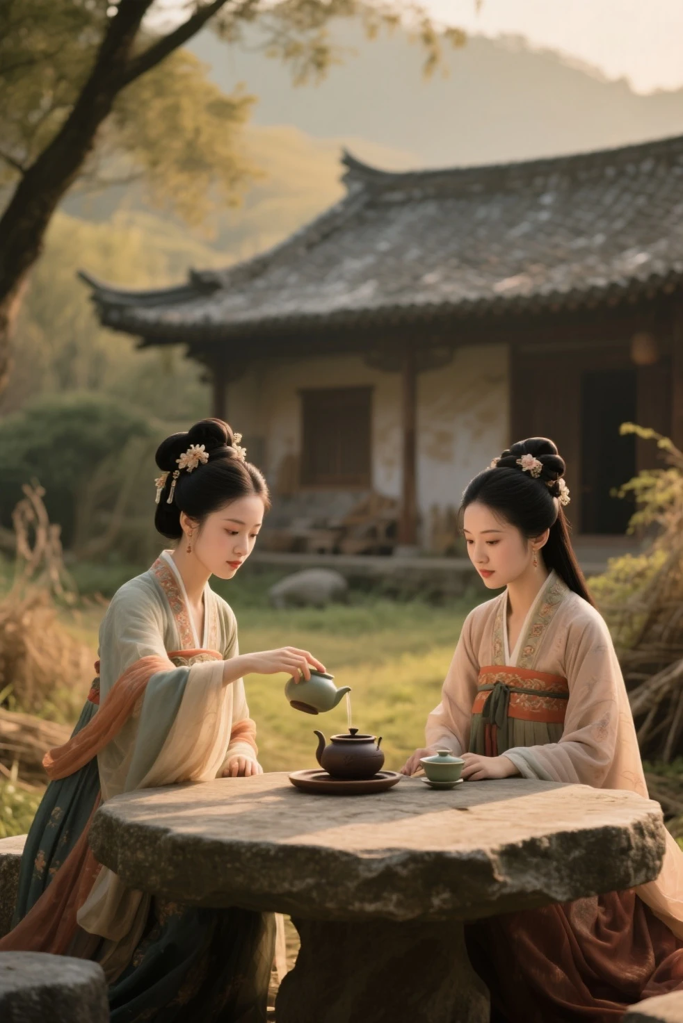 on a farm,There are two beautiful women in costume,and one is Diao Chan,One is Shih Tzu。Two beautiful women in costume {x} Diao Chan and two people sit around a stone table,Diao Chan is pouring tea,Shih Tzu is making tea