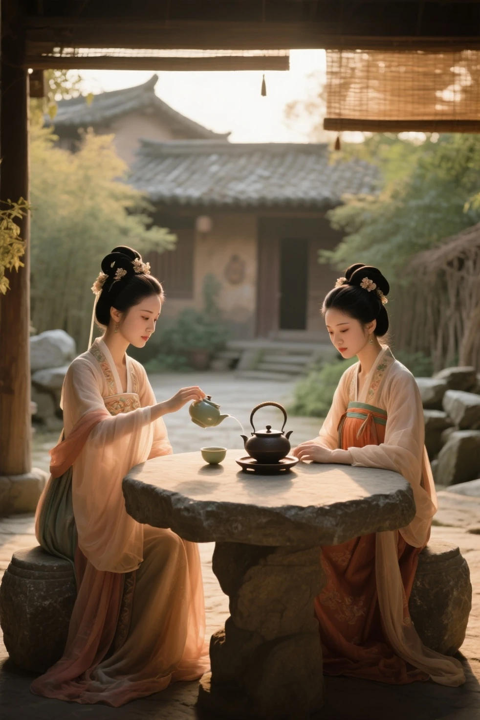 on a farm,There are two beautiful women in costume,and one is Diao Chan,One is Shih Tzu。Two beautiful women in costume {x} Diao Chan and two people sit around a stone table,Diao Chan is pouring tea,Shih Tzu is making tea