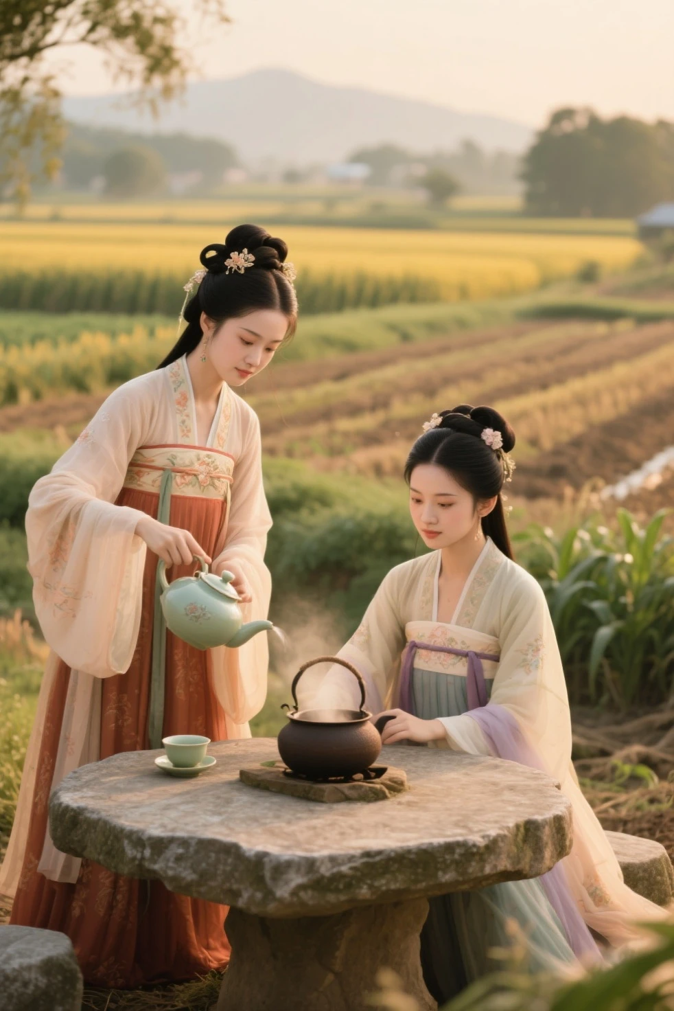 on a farm,There are two beautiful women,and one is Diao Chan,One is Shih Tzu。Two beautiful women in costume {x} Diao Chan and two people sit around a stone table,Diao Chan is pouring tea,Shih Tzu is making tea