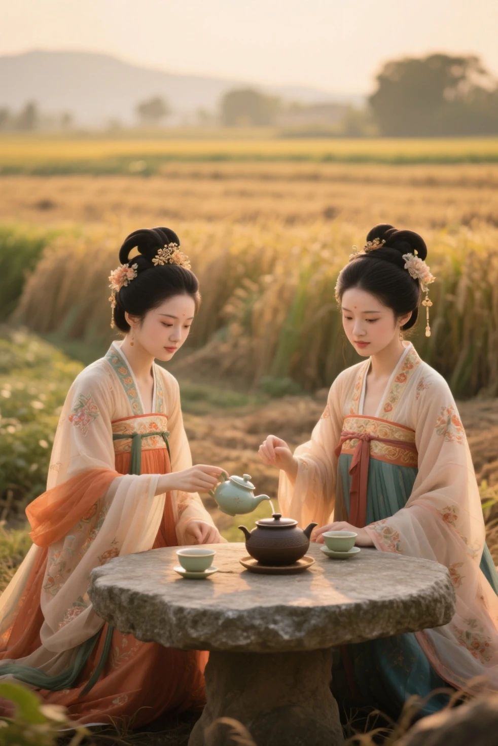 on a farm,There are two beautiful women in costume,and one is Diao Chan,One is Shih Tzu。Two beautiful women in costume {x} Diao Chan and two people sit around a stone table,Diao Chan is pouring tea,Shih Tzu is making tea