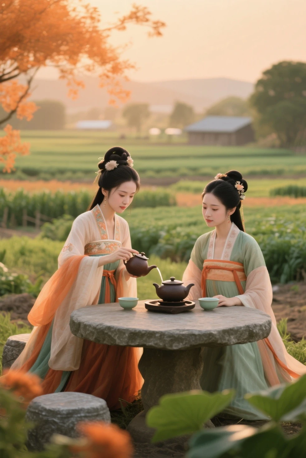 on a farm,There are two beautiful women in costume,and one is Diao Chan,One is Shih Tzu。Two beautiful women in costume {x} Diao Chan and two people sit around a stone table,Diao Chan is pouring tea,Shih Tzu is making tea