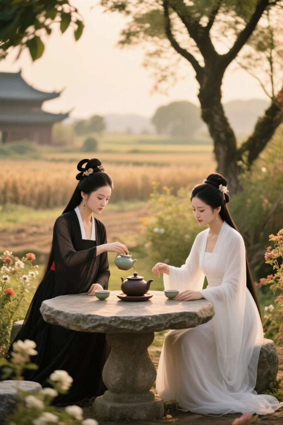 on a farm,There are two beautiful women,and one is Diao Chan,Wearing black silk,One is Shih Tzu,Wearing white silk。Two beautiful women in costume {x} Diao Chan and two people sit around a stone table,Diao Chan is pouring tea,Shih Tzu is making tea