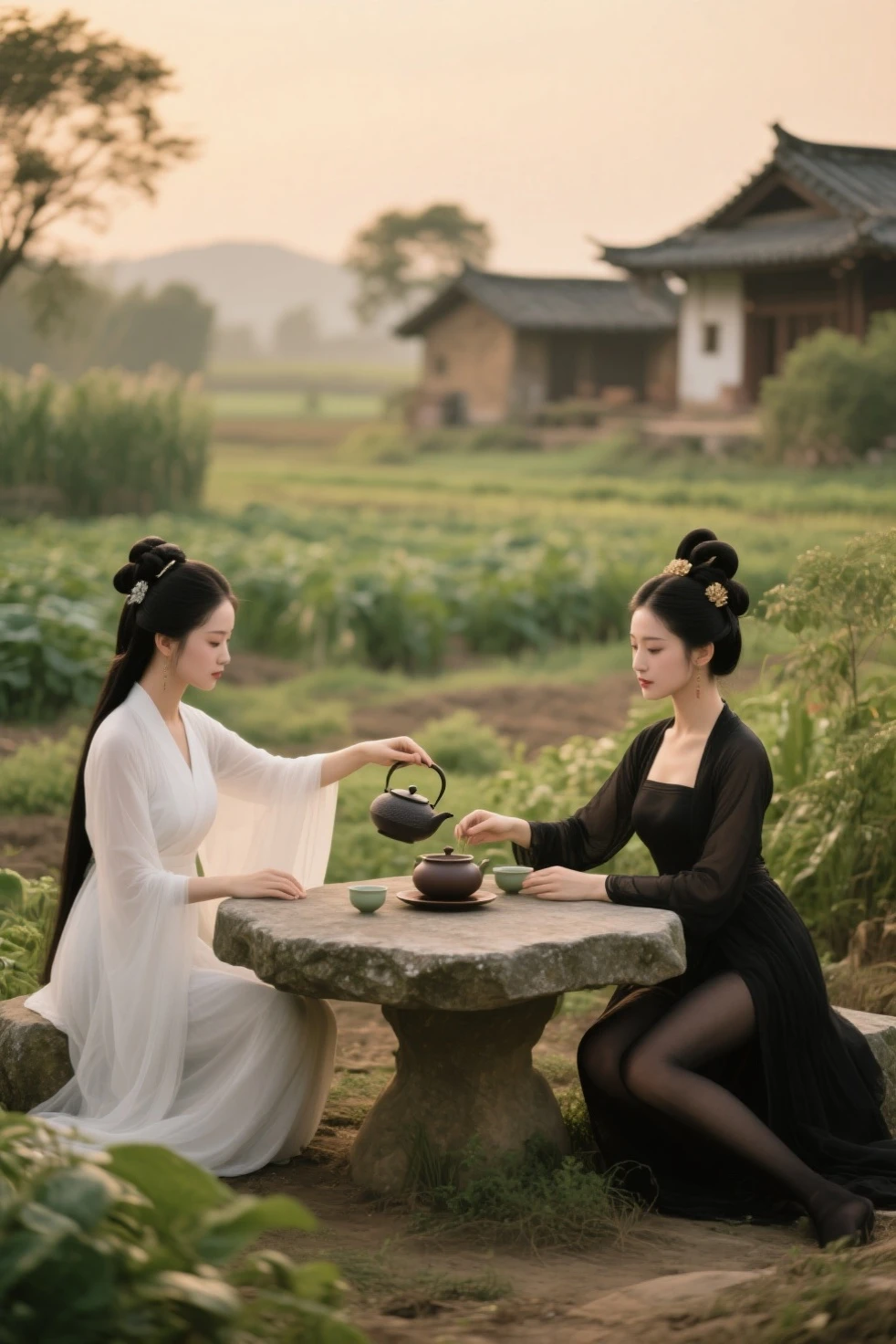 on a farm,There are two beautiful women,and one is Diao Chan,Wearing black silk,One is Shih Tzu,Wearing white silk。Two beautiful women in costume {x} Diao Chan and two people sit around a stone table,Diao Chan is pouring tea,Shih Tzu is making tea