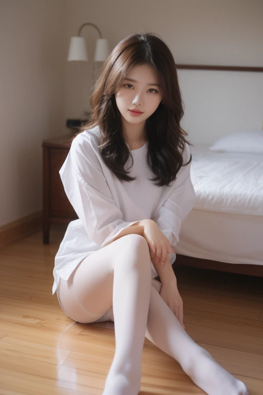Beautiful girl with wavy long hair,Wearing white stockings,Seductive pose