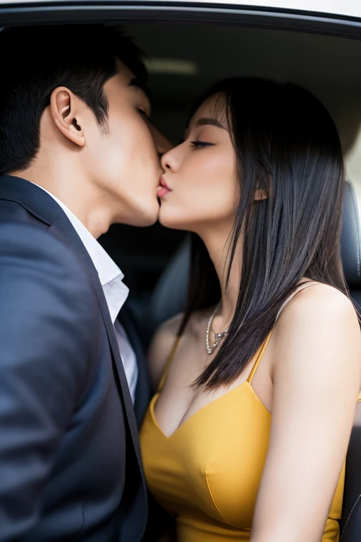 A man and a woman kissing in a car