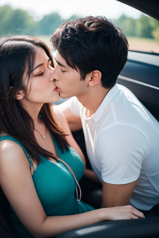 A man and a woman kissing in a car