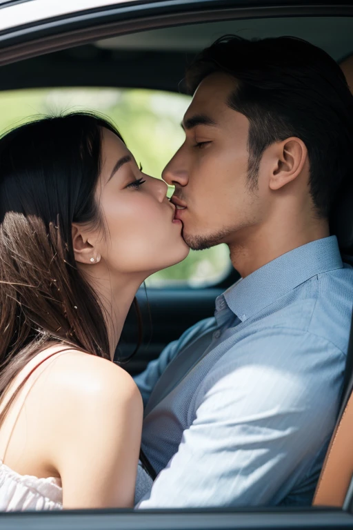 A man and a woman kissing in a car