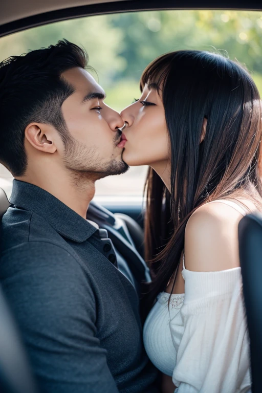 A man and a woman kissing in a car