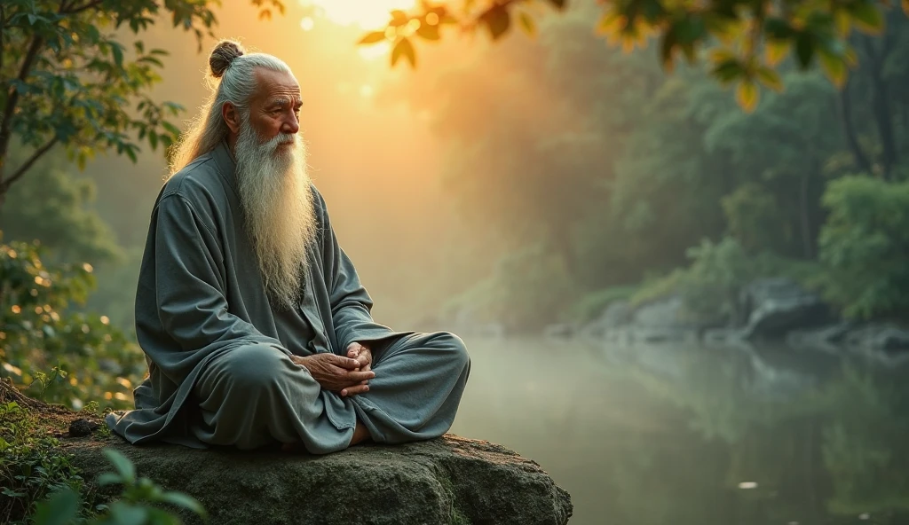 Old Asian Taoist Old Man, sitting on stone close-up,long, whitish hair ...