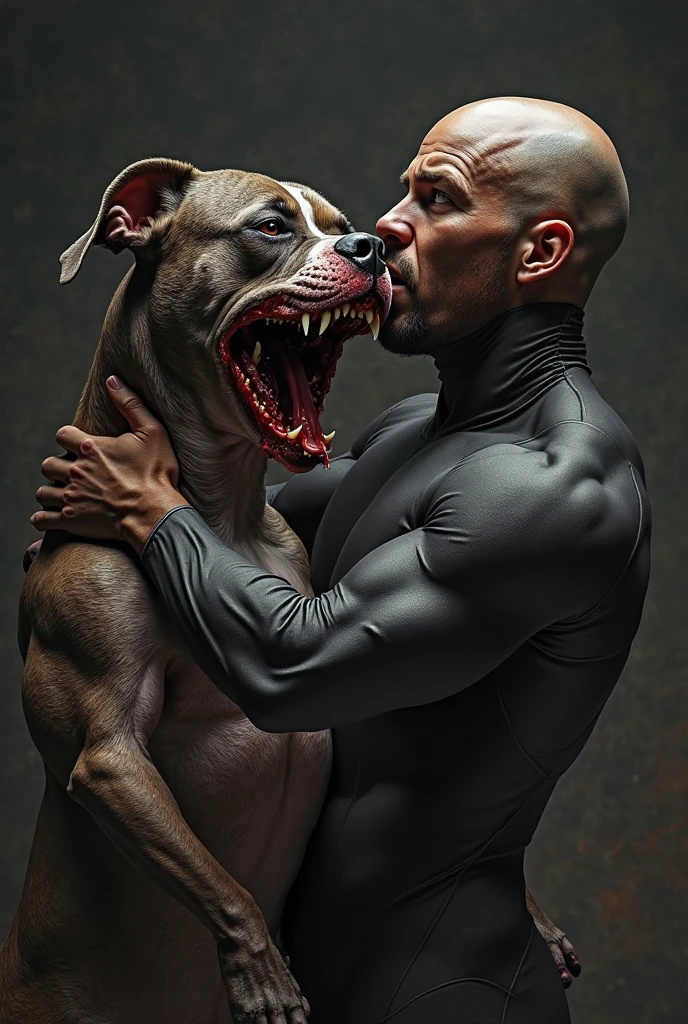 smart guy shirt less holding black pitbull dark
