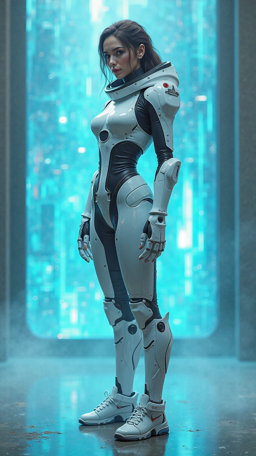 araffed woman in a futuristic suit posing for a picture, in white futuristic armor, biomechanical oppai, gynoid cyborg body, symmetra from overwatch, echo from overwatch, oppai cyberpunk, beutiful white girl cyborg, cybersuits, cybersuit, perfect anime cyborg woman, thick smooth warframe thighs, porcelain cyborg armor