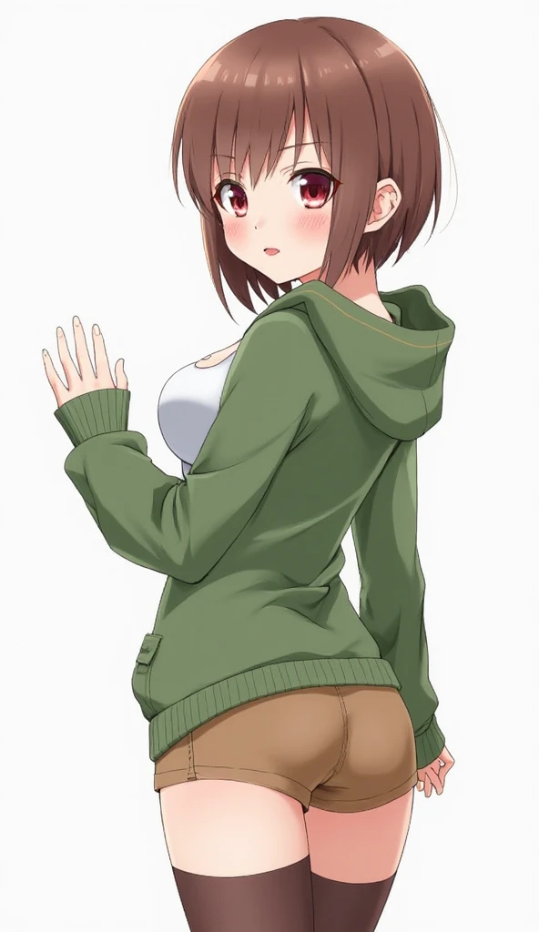 a beautiful girl with brown hair and grey cardigan, wearing socks, short hair and bangs, with a slender figure and flat chest, posing in a sexy manner against a heart pattern background, (best quality,4k,8k,highres,masterpiece:1.2),ultra-detailed,(realistic,photorealistic,photo-realistic:1.37),one girl,brown eyes,long sleeve,green beret,(nsfw,nude),(nsfw,sexy pose),(nsfw,pussy juice)