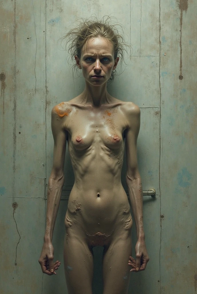 Photograph of an anorexic emaciated extremely skinny Malaysian female model, show full height of model from toes up, she is sitting on the carpet, her legs are spread open, her body is covered in shimmering sweat, wide black neck choker 12 inches wide, pearl necklace, show breasts, show legs, big smile, teeth are showing, small sized breasts, long red hair, large hoop earings, bright red lipstick, incredibly skinny body, extremely skinny body, emaciated body, tiniest waist ever, well-defined collar bones, well-defined hip bones, well-defined ribcage, extremely skinny arms and legs, weak and fragile body, masterpiece, anatomically correct, textured skin, super detail, high details, high quality, best quality.