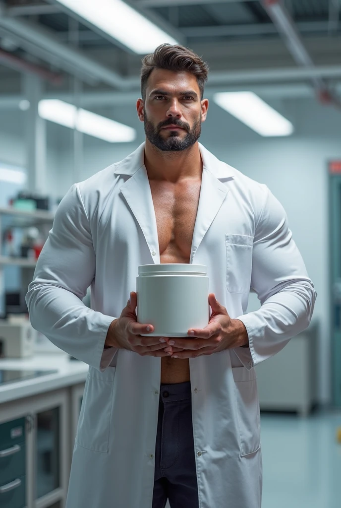 A muscular young man inside a scientific laboratory wearing a lab coat with writing on it "J.Castro team" taking supplement inside a shaker