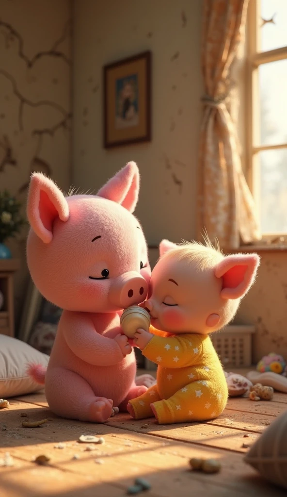 With the sunset in the background,(masterpiece:1.2, high quality), Several little pigs sleeping together in bed、