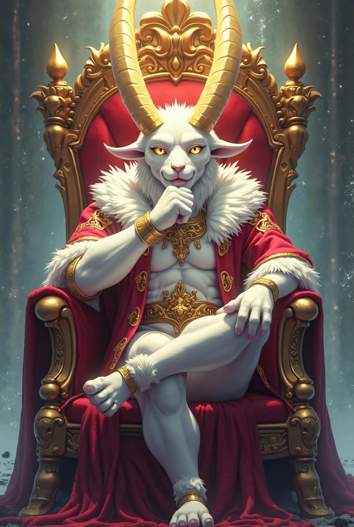 Author: max, asriel, on the throne, 詳細な目, Detailed hands, detailized face, white detailed fur, A golden crown on his head, body in precious jewelry, average genital length, sexypose, Small tail, castle wall background,