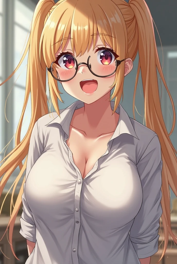 kawakamimai, best quality, masterpiece, ultra-detailed, high quality, highres, 1girl, mature female, blonde hair, beautiful, beautiful and perfect face, detailed eyes, detailed eyelashes, (black glasses:1.1), smile, open mouth, looking at viewer, (white t-shirt, pink shorts), large breasts, sexy curvy body, POV, close shot, from the front, standing, full body, feet, in home, open the door, leaning forward