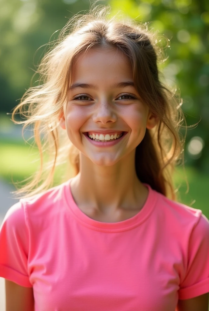 a cute, feminine 20-year-old skinny girl in a stylized digital graphic art piece. She is joyful with detailed features in a soft, muted color environment. The full-body composition shows a distant view at eye level. Sensory details: visual with depth of field and bokeh effects. Emotional tone: soothing. High contrast visuals