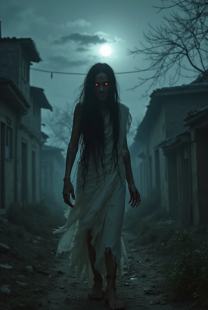 low angle camera shot. she is floating in the air at the old road, a scary, eerie, bloody zombie face Malay woman, very long hair ((20 feet long)) covered face, looking at the camera, creepy face. pale skin, long white slubby dress, torn, dirty. Background of gloomy dark night in the lonely old streets in the middle of a jungle. low light. dramatic sky. cinematic shots. horror film still