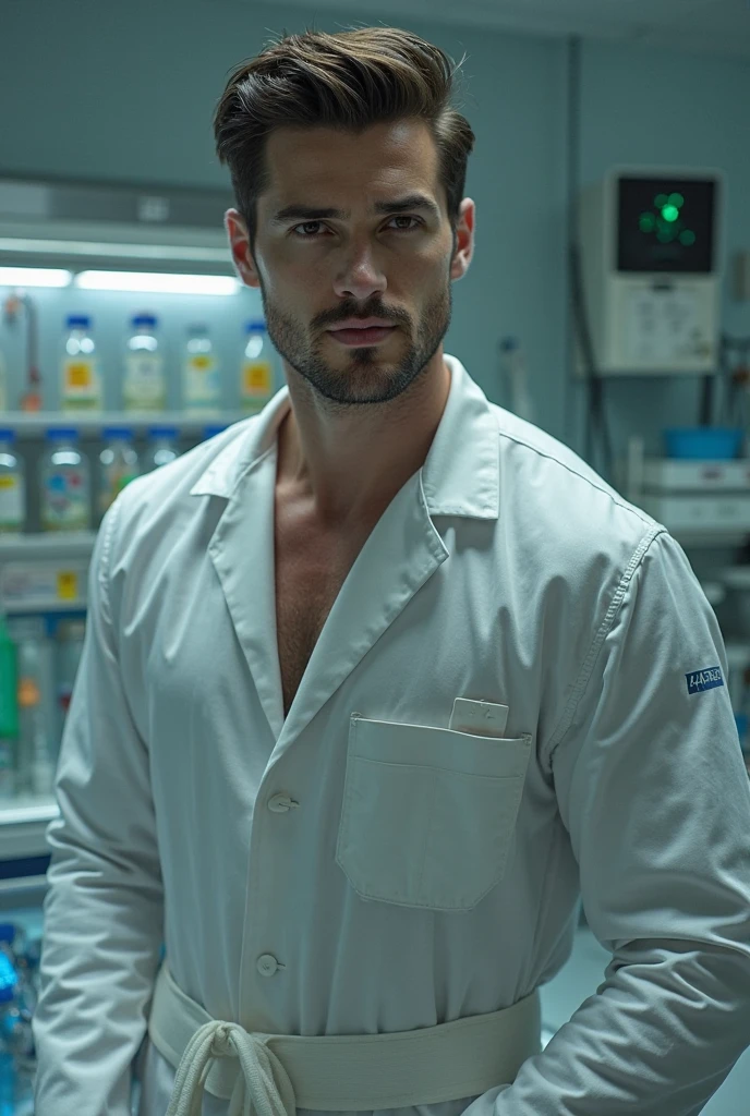 masterpiece, best quality, high resolution, closeup portrait, male focus, solo focus, a man, chemist, scientist, pretty shirtless, in unbuttoned laboratory clothes, wearing lab attire, lab coat, sweaty hairy guy in laboratory, bleached blonde silver hair, 52 years old, huge bulge,, view from below, scruffy, closeup, interesting perspective, erotic pose, skinny and lean body, pretty cute and masculine face, smirk, pose, filthy, sweaty, very hairy legs, skinny and hairy, half naked, bare chest, in the background a chemistry lab, amazing composition, HDR, volumetric lighting, ultra quality, elegant, highly detailed