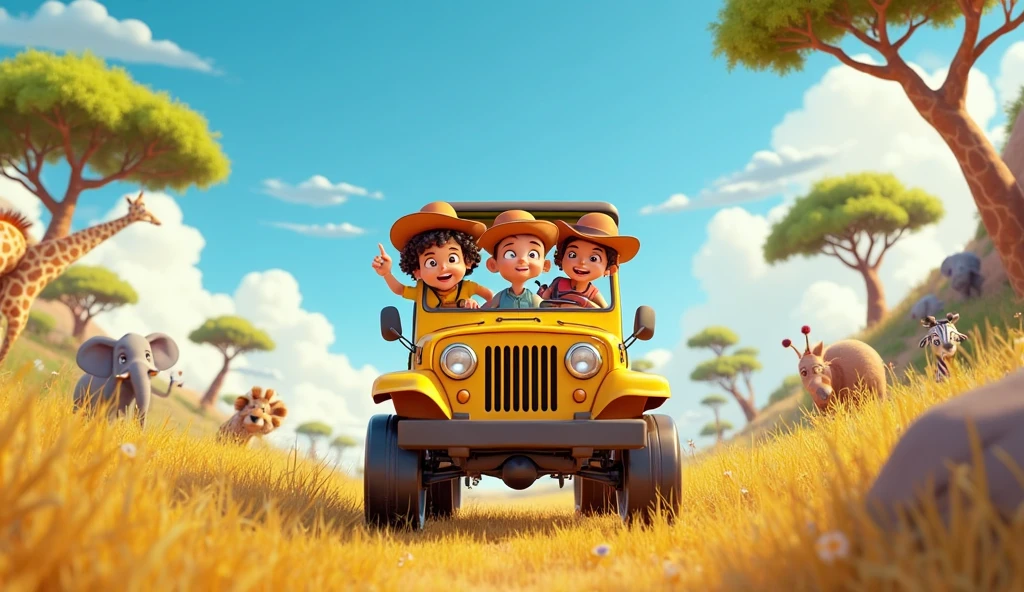 Meanwhile, not too far away, three children—Amara, a clever and fearless girl; Raj, a boy with a big heart and a knack for solving problems; and Zara, who loved animals more than anything—were on a safari adventure with their families. The three friends had grown up together, sharing countless adventures, and had always dreamed of exploring the African savannah. As their jeep rolled through the tall grass, Amara suddenly spotted a small, golden figure huddled under a bush.