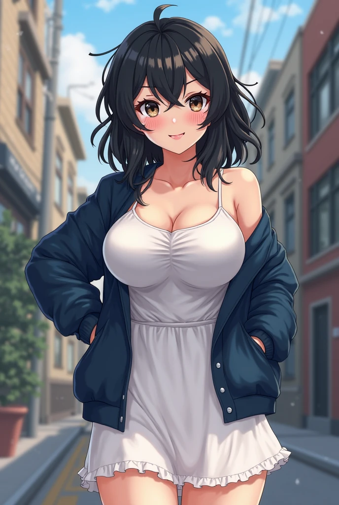 Top Quality, Masterpiece, Ultra High Resolution, 8k, Orange Sweater, Anime Style Little , Single, Ultra Detailed Line Art, Digital Enhancement, Anime Core, Flowing Fabric, ((Hair length to shoulder and short braid)), staring at me from the front, Soft drawing, Beautiful black hair, Looks really weak, Clear eyes, Countryside cityscape, Very big breasts、 clean line drawings,