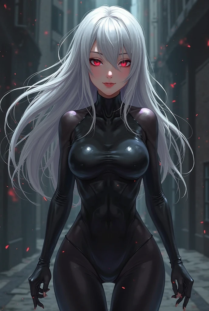 masterpiece， best quality， 8K， number， 1 girl， Solitary， stand up， youth， white hair， Long white hair， Hair accessorieilf:1.2),(large breasts, wide hips:1.2), Red Eyes， Round pupil， emotionless expression， Blood， Mechanical Parts， electric wire， cable， Failure Effect， Shocking， Science fiction， Futuristic， The background is darker inside， Neon， cyberpunk characters， Surrealism， Strange， Disturbing， spine-chilling， Shocking， One-piece Pants，Red Eyes，nigrescence，Long black gloves，One-piece Pants，Tight latex jumpsuit，Highlight her graceful figure,wrap the whole body，Symbiote，（（Sexy highlighted）），One-piece Pants，Red Eyes，Venom，nigrescence，One-piece Pants，Black latex clothing，Blood-Red Eyes，best quality, high resolution, Super detailed, Vivid texture, mask, Tight latex jumpsuit, Bangs , hero landing pose