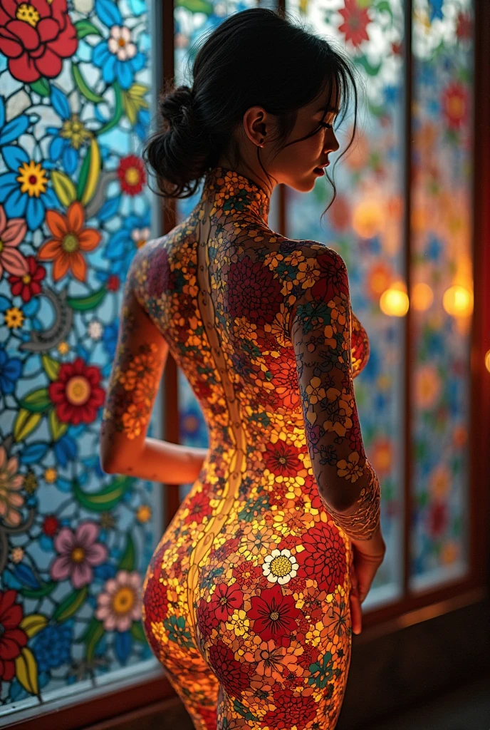 A lovely woman, kneeling with her back to the viewer, delicate flowers tattooed on her bare back, professional photography, high quality, detailed, photorealistic, soft natural lighting, warm color palette, serene atmosphere, intricate tattoo details, graceful pose, beautiful skin tones, cinematic composition, dramatic shadows, depth of field (safe for work)