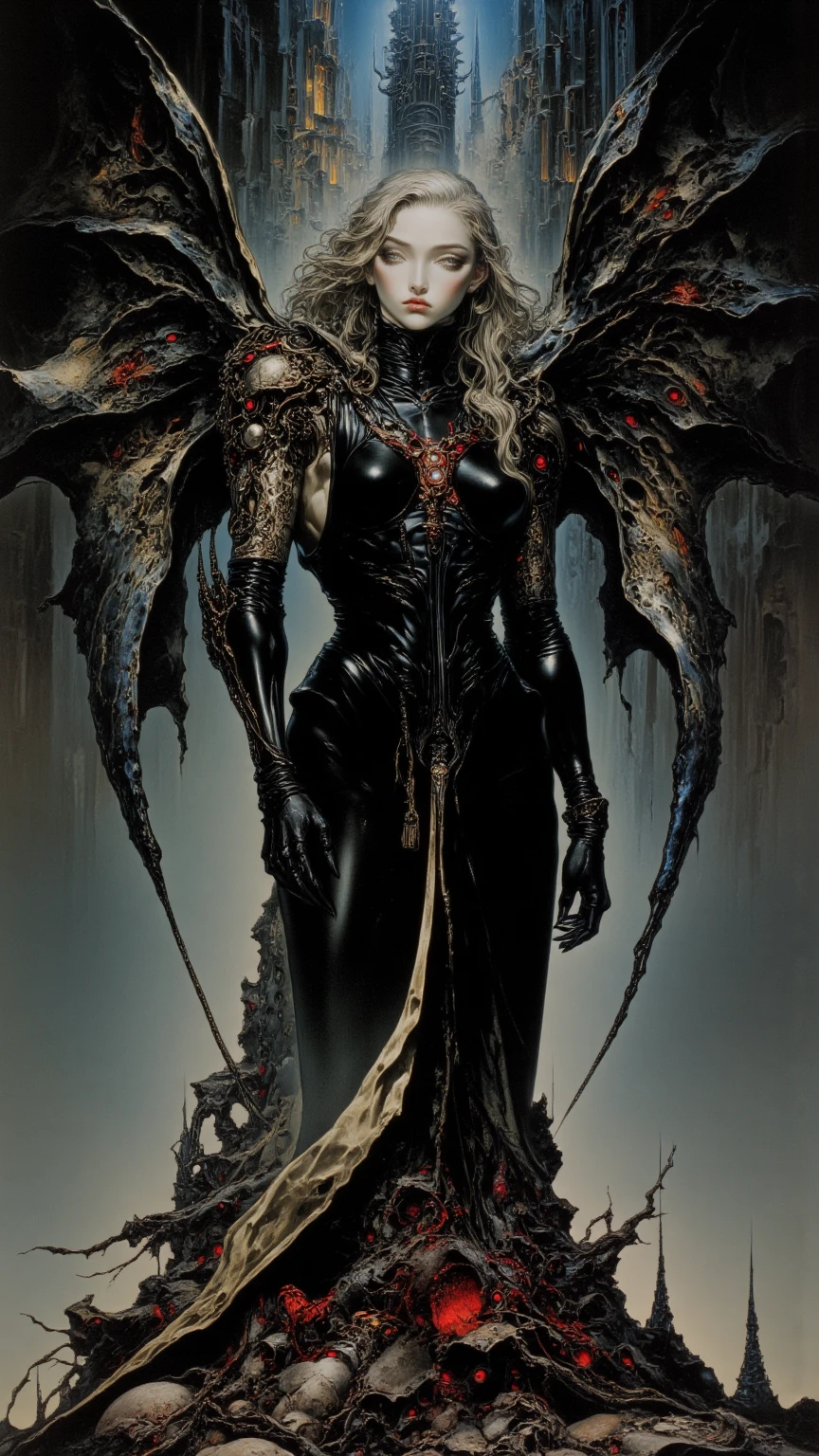 by Noriyoshi Ohrai
score_9, score_8_up, score_7_up,Masterpiece, highest quality,1girl, solo, long hair, breasts, looking at viewer, medium breasts, sitting, , weapon, white hair, wings, horns, sword, indoors, cape, lips, grey eyes, bodysuit, covered navel, sheath, , joints, red bodysuit, robot joints, stained glass,anime, (masterpiece:1.2),digital artwork by Beksinski,txznmec, m3,ct-jeniiii,beksinskiart,anime black line, (best quality:1.2), ct-eujiiin,ct-virtual,score_6_up,tag score