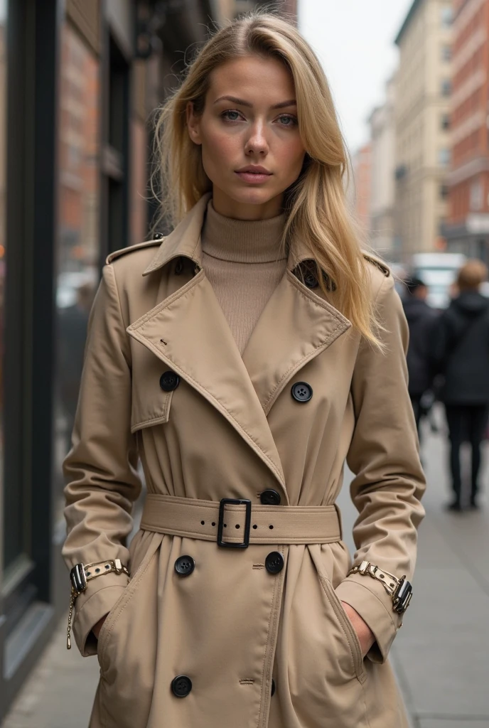 Blonde, thin Instagram girl exploring a charming European village, donned in a chic trench coat and scarf, capturing the essence of timeless sophistication.