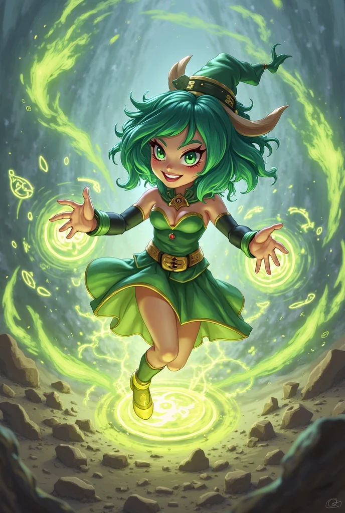 An imp woman with slightly ethereal skin, white with blue details, a face that resembles an electric smile, almost as if it were drawn, wearing a jester's hat in the shape of very large horns. She is holding a neon green talon knife with one finger.