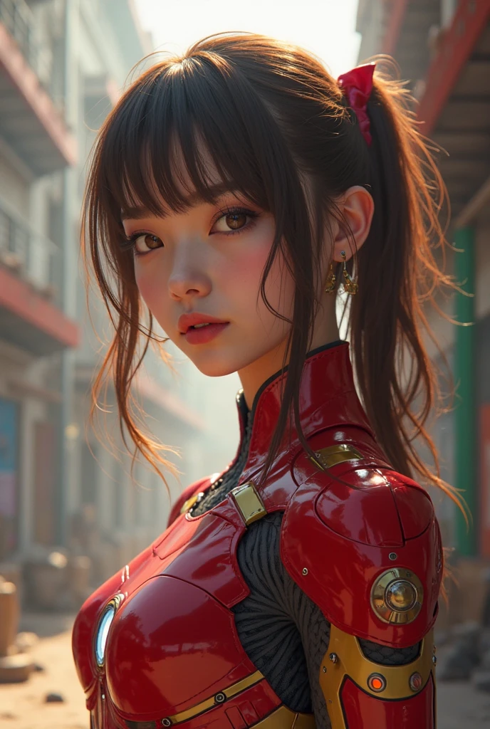 masterpiece, ((Very detailed background, Delicate pattern, Intricate details)), (Very detailed, Finer details), Highest quality, Beautiful lighting, ((Center of chest, Slim girl)), (High resolution:1.5),(practical:1.5),(reality:1.5), Not anime, 8k, realistic, High resolution, Clear photos, whole body, Head-to-foot image, Souryuu_Asuka_Langley, ((Bodysuits, red)), One Girl, (Interface headset, red), light brown Hair, Long Hair, Hair between the eyes, Emerald green eyes, smile, (Complex and detailed background, urban city, Buildings, outside, artificial environment)